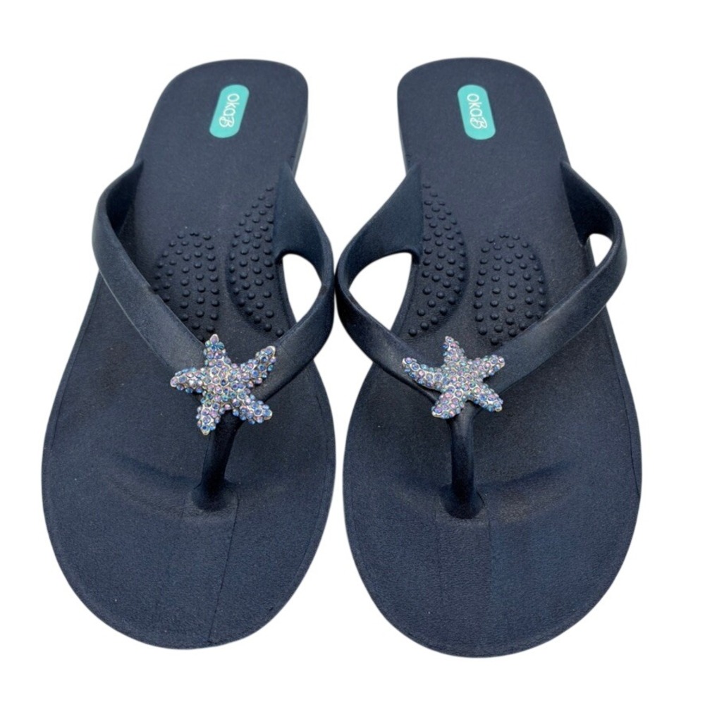 Oka-B Womens Navy Blue Starfish Rhinestone Wedge Flip Flops Sandals Size Large
